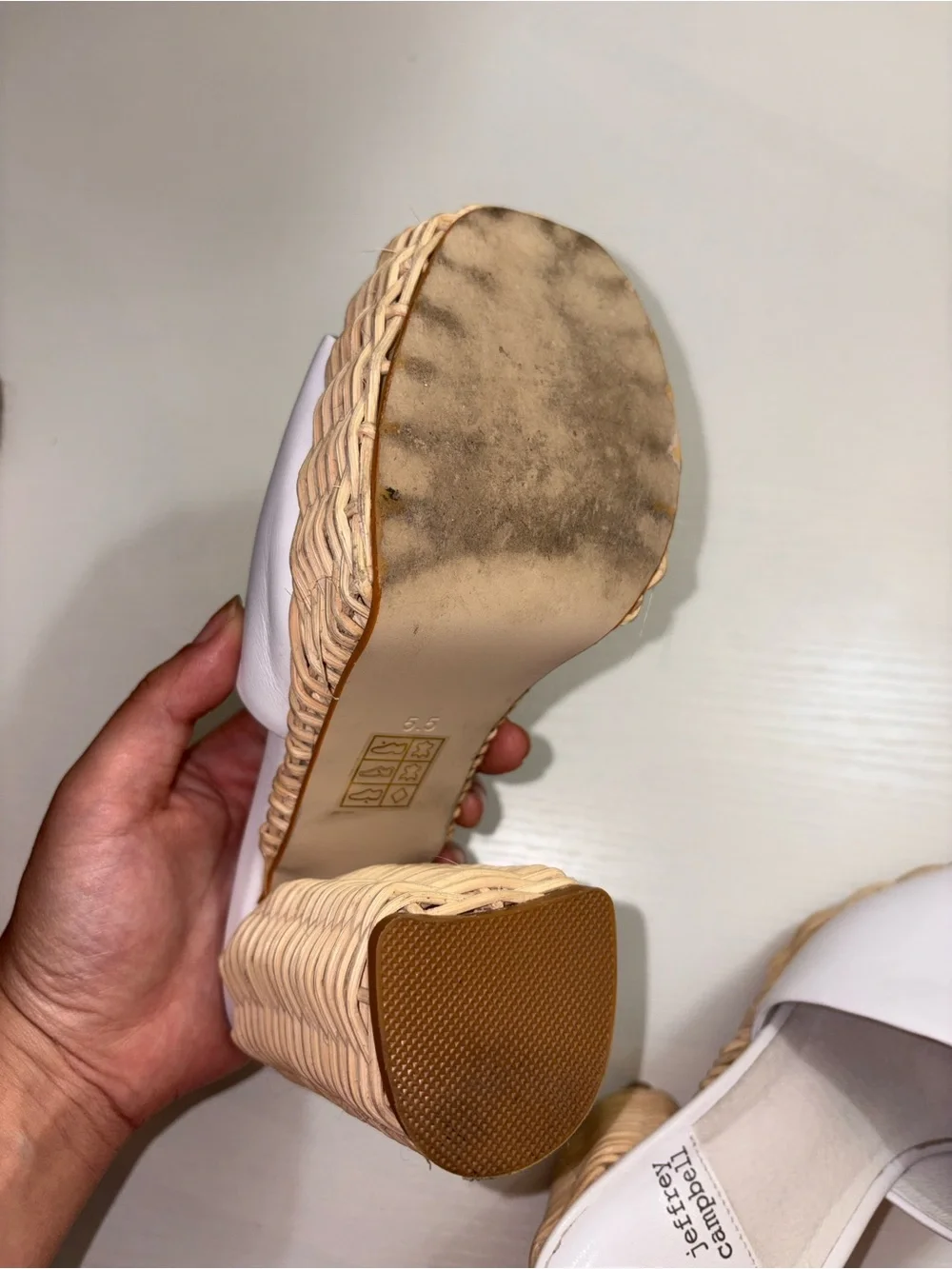 Jeffrey Campbell White Leather Slide Platforms with Woven Rattan Heel